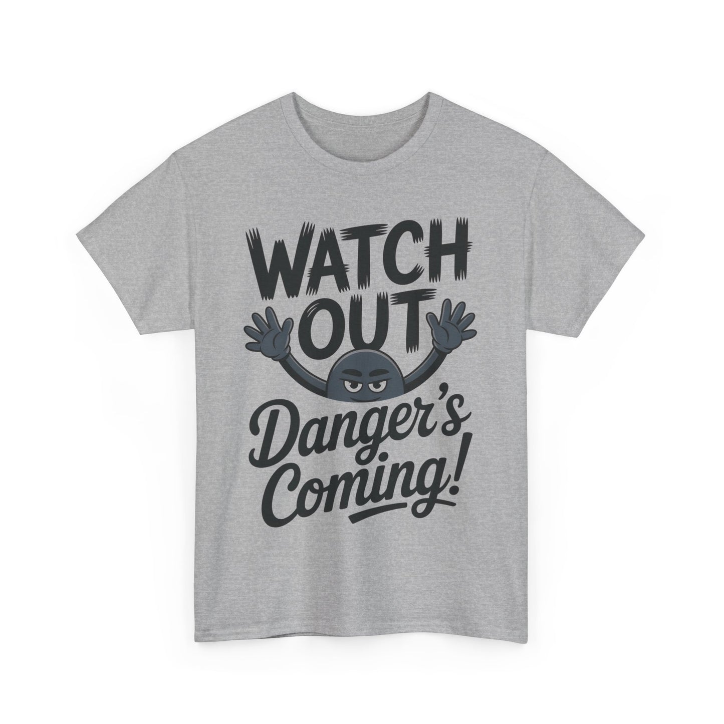 Funny "Watch Out" Cartoon Character T-Shirt, Sketch Style Unisex Heavy Cotton Tee, Minimalist Humorous Graphic Tee, Gift for Him/Her