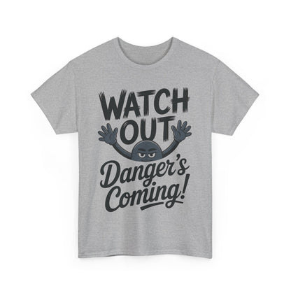 Funny "Watch Out" Cartoon Character T-Shirt, Sketch Style Unisex Heavy Cotton Tee, Minimalist Humorous Graphic Tee, Gift for Him/Her