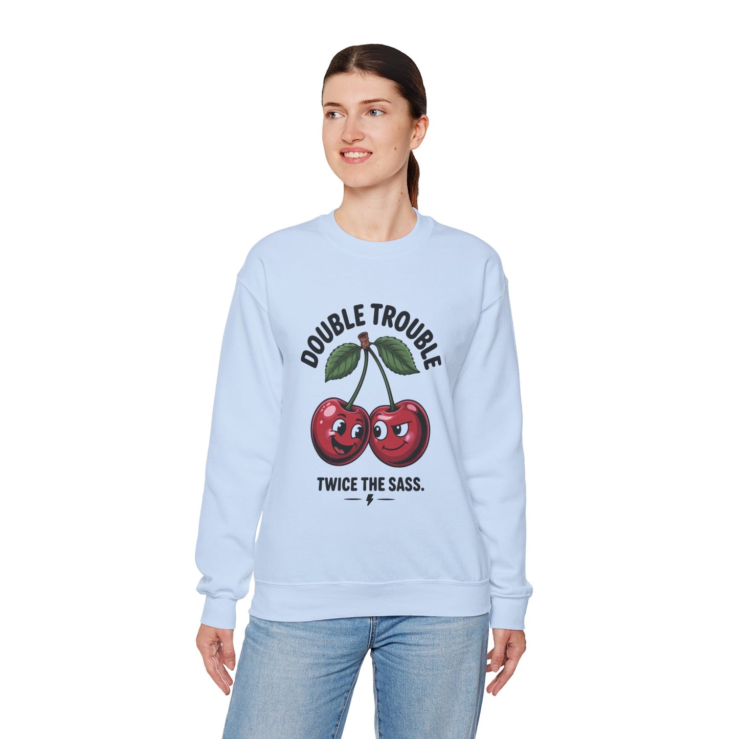 Double Trouble Cherry Sweatshirt, Cute Funny Womens Pullover, Twice The Sass Fruit Graphic Sweater, Playful Red Cherry Crewneck