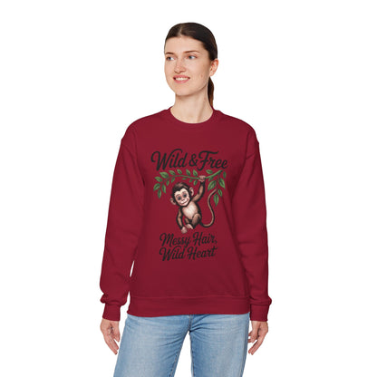 Wild & Free Monkey Sweatshirt, Messy Hair Wild Heart Womens Pullover, Cute Jungle Animal Sweater, Boho Adventure Graphic, Nature Lover Gift