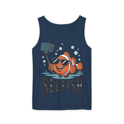 Mens Garment-Dyed Tank Top, Mens Selfish Funny Fish Tank Top, Cute Selfie Graphic Shirt, Ocean Humor Top
