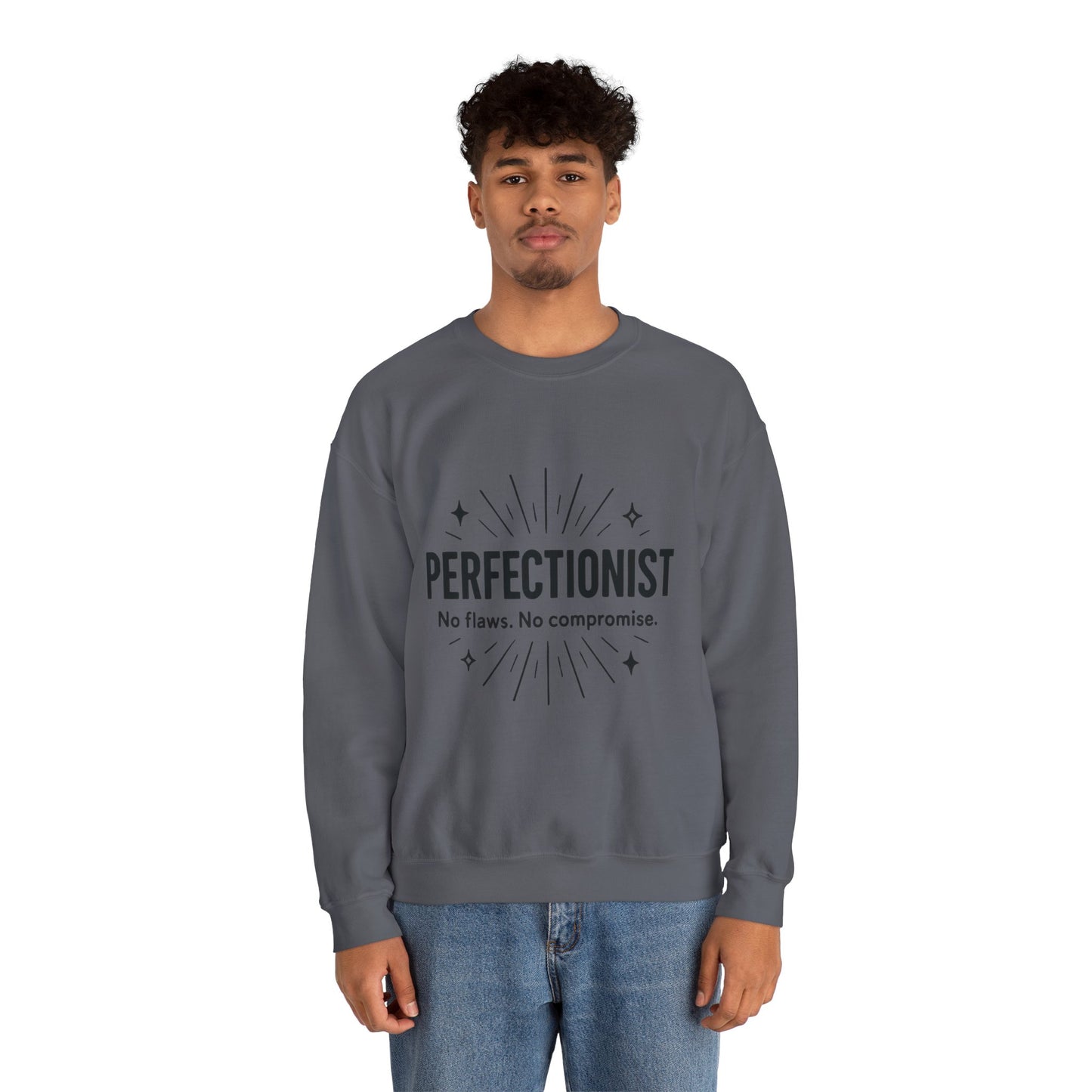 Men's Perfectionist Sweatshirt, Bold No Flaws No Compromise Design, Clean Look Funny Gift for Him, Minimal Black Graphic Pullover