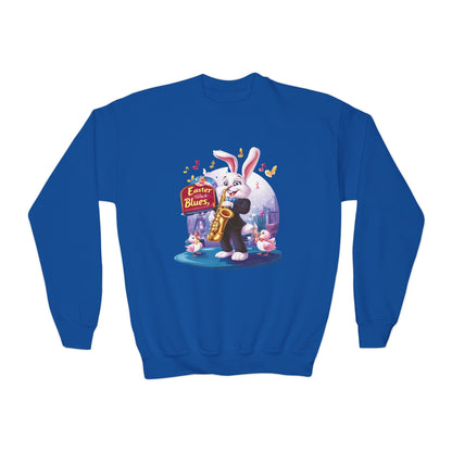 Jazz Bunny Easter Kids Sweatshirt - Cute Saxophone Playing Bunny Design, Fun Spring Crewneck, Holiday Gift for Boys and Girls