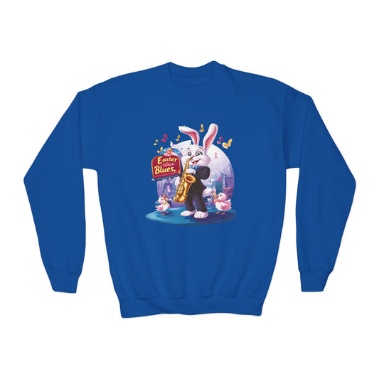 Jazz Bunny Easter Kids Sweatshirt - Cute Saxophone Playing Bunny Design, Fun Spring Crewneck, Holiday Gift for Boys and Girls