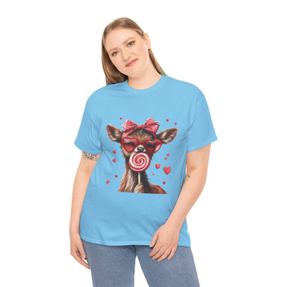 Cute Deer with Heart Glasses and Lollipop, Valentine's Day Heavy Cotton Tee, Fun Animal Love Shirt Gift for Her, Animal Lovers Shirt