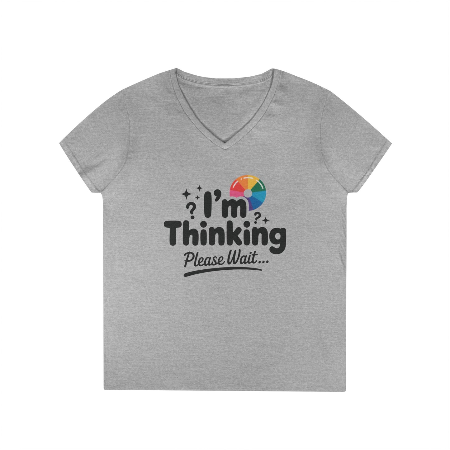 Funny - Im Thinking Please Wait - V-Neck T-Shirt for Women, Cute Geeky Gift for Introverts, Programmers, Designers, Fun Humor Shirt