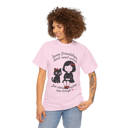 Cute Cat & Girl Graphic Tee, Playful Gift for Cat Lovers, Cat and Girl Design, Gift for Cat Owners, Women's Cotton T-Shirt