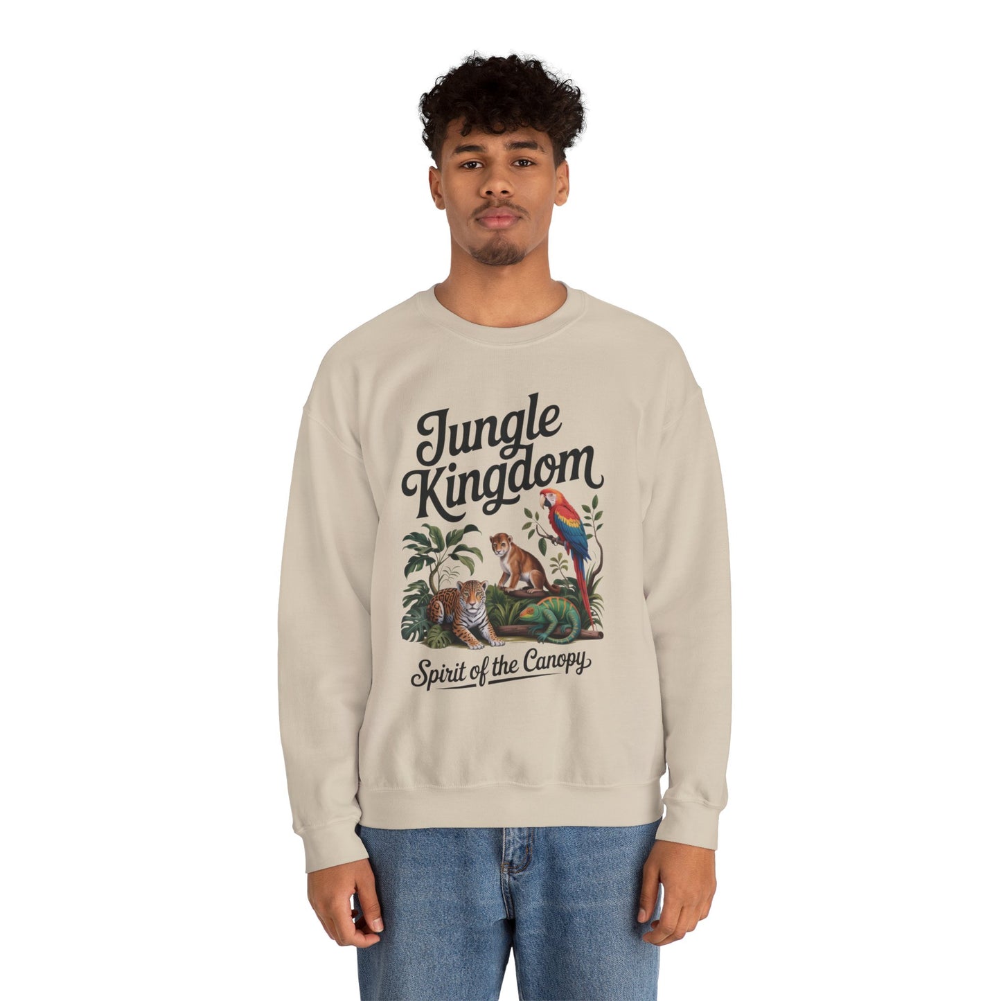Jungle Kingdom Mens Sweatshirt, Cozy Jungle Crewneck, Nature Lover Gift, Wildlife Artwork, Eco-Conscious Apparel, Animal Enthusiast Clothing