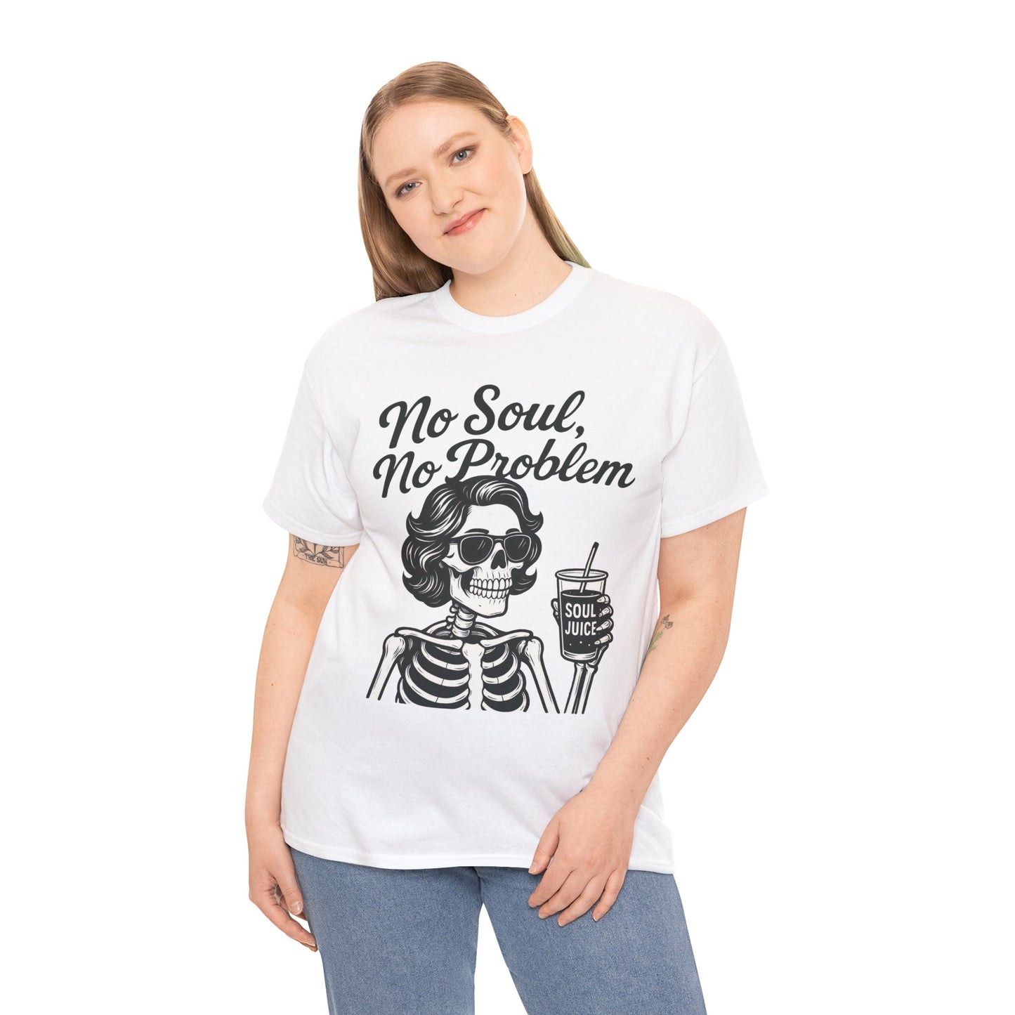 No Soul No Problem Skeleton T-Shirt for Women, Funny Gothic Skull Tee, Dark Humor Halloween Shirt, Spooky Retro Skeleton Top