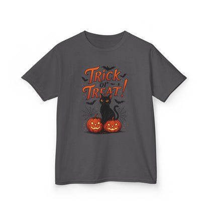 Cute Trick or Treat Black Cat T-Shirt for Girls Boys, Fun Spooky Halloween Tee, Pumpkin Cat Shirt for Kids, Fall Party Outfit