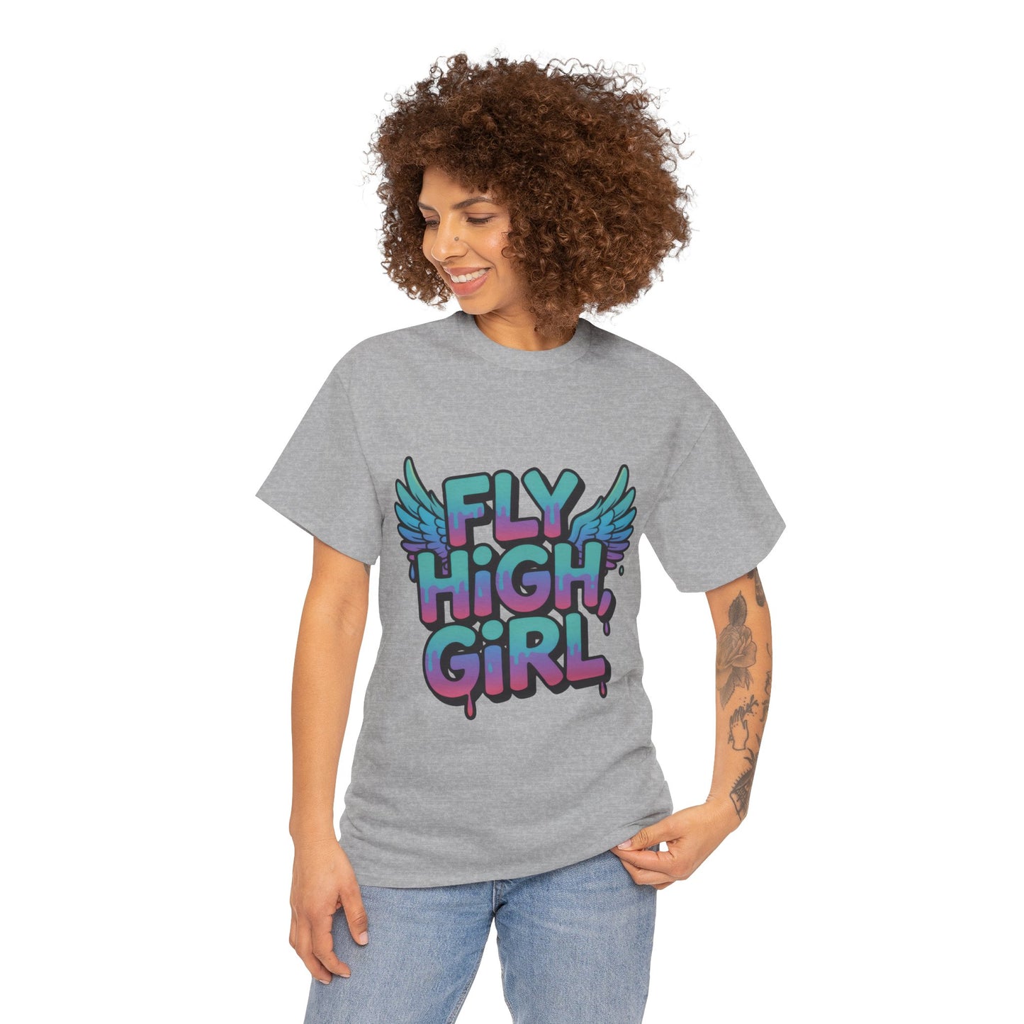 Womens Graphic Tee Fly High Girl, Angel Wings Graffiti Drip T-Shirt, Bold Streetwear Top