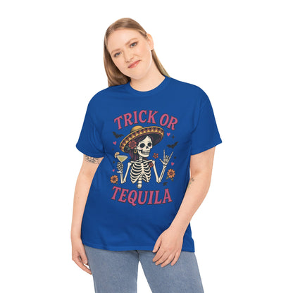 Trick or Tequila Women's T-Shirt, Funny Halloween Skeleton Drinking Shirt, Party Graphic Tee