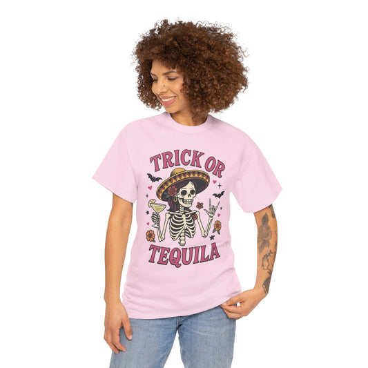 Trick or Tequila Women's T-Shirt, Funny Halloween Skeleton Drinking Shirt, Party Graphic Tee