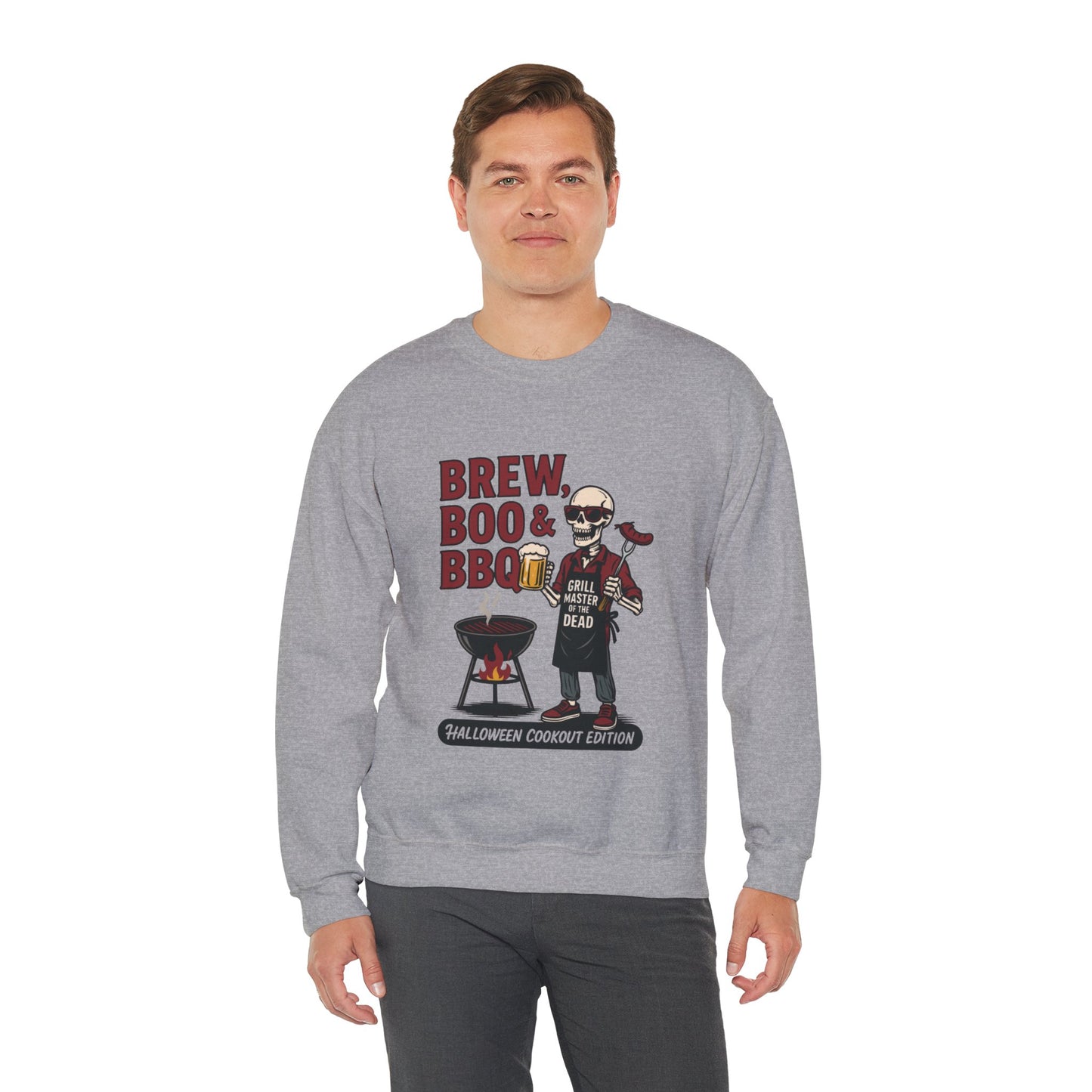 Halloween BBQ Men's Sweatshirt, Brew Boo & BBQ Skeleton Grill Master, Spooky Dad Gift, Skeleton Dad Sweat, Grill Master Crew