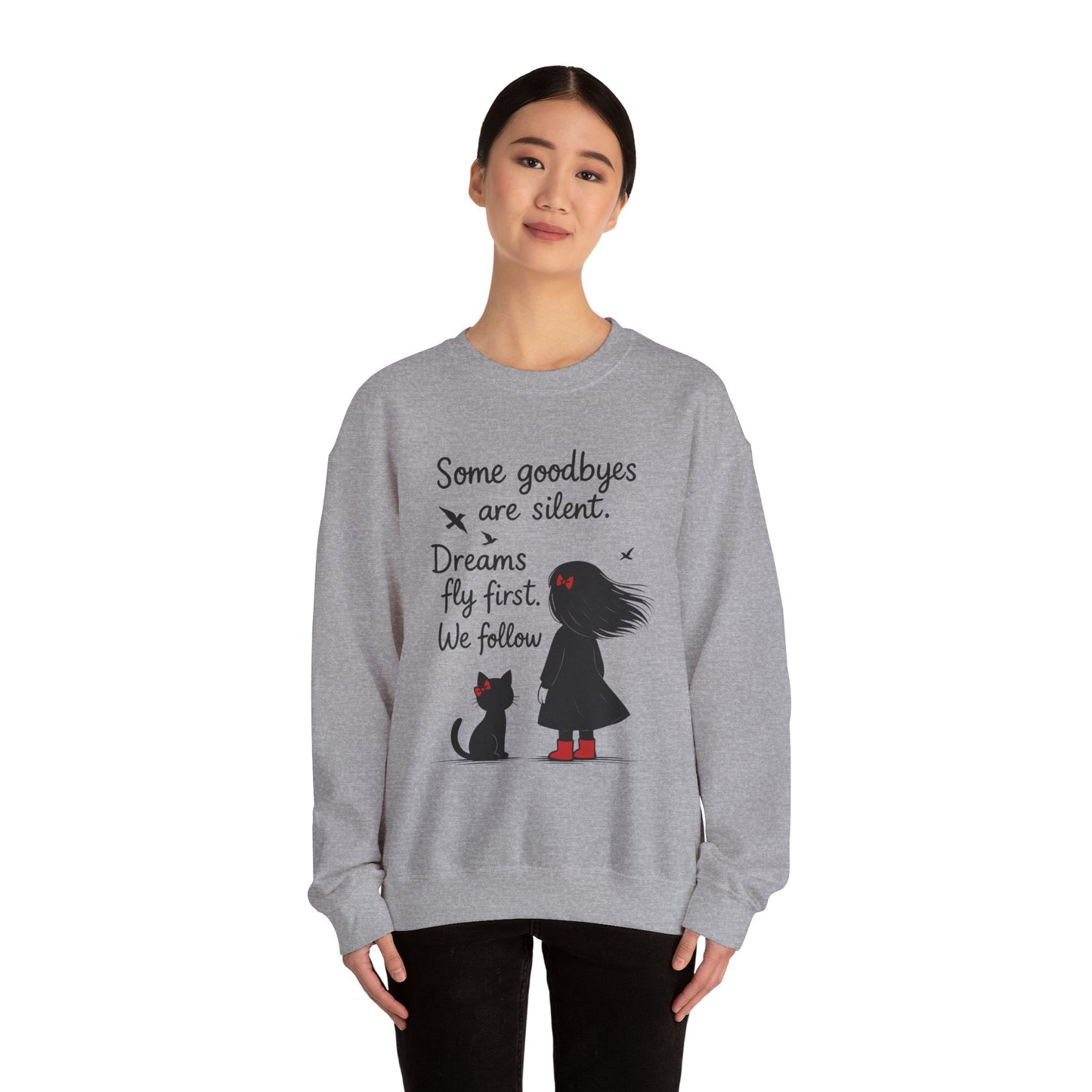 Cozy Farewell Girl & Cat Pullover, Hand Drawn Red Dress Art, Minimalist Womens Crewneck