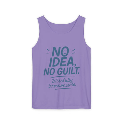 Womens No Guilt Tank Top, No Idea Funny Quote, Blissfully Irresponsible Workout Tee, Casual Sleeveless Top, Summer Activewear, Relaxed Style
