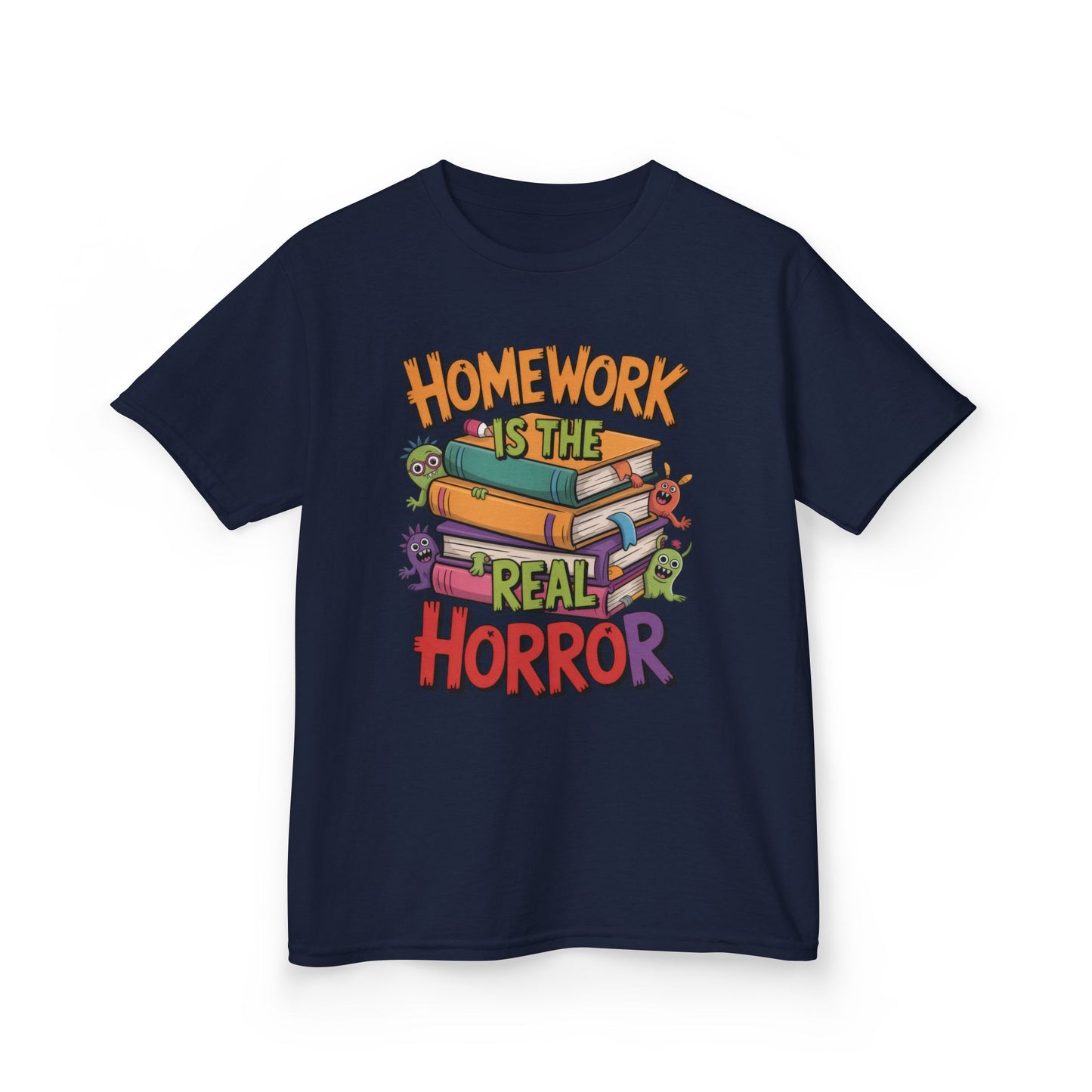 Kids Funny Homework Tee, Cute Monster School Shirt, Homework Is the Real Horror, Back to School Gift for Boys & Girls, Kids Halloween Tee
