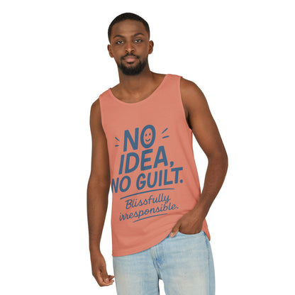 Mens Funny Tank Top, No Idea No Guilt Quote, Blissfully Irresponsible Gym Shirt, Casual Sleeveless Top, , Fun Party Shirt