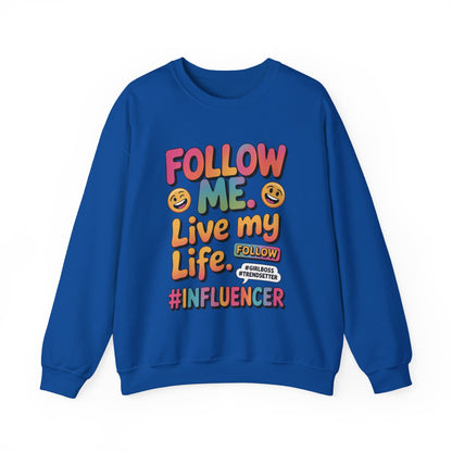 Womens Heavy Blend™ Crewneck Sweatshirt, Influencer Sweatshirt, Colorful Follow Me Live My Life Graphic Sweatshirt, Trendy GirlBoss Outfit
