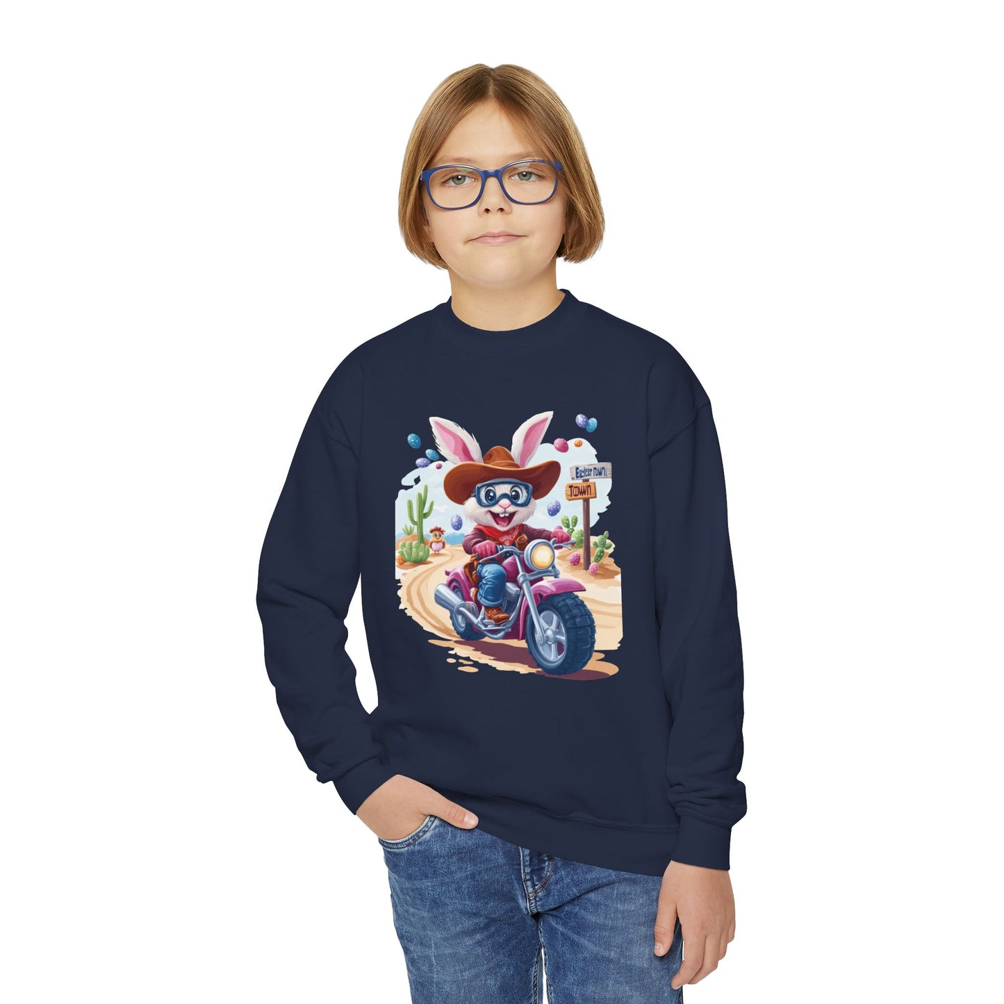 Biker Bunny Youth Sweatshirt - Fun Easter Bunny Riding Motorcycle, Cute Spring Gift for Kids, Playful Holiday Crewneck for Boys & Girls