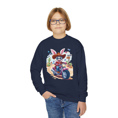 Biker Bunny Youth Sweatshirt - Fun Easter Bunny Riding Motorcycle, Cute Spring Gift for Kids, Playful Holiday Crewneck for Boys & Girls