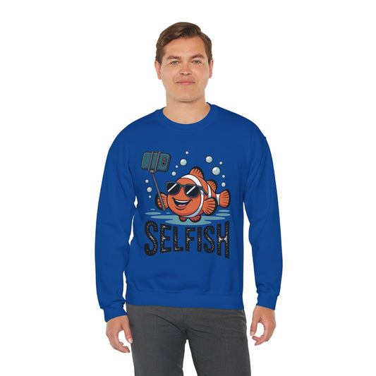 Unisex Heavy Blend™ Crewneck Sweatshirt, Mens Selfish Funny Fish Sweatshirt, Cute Selfie Pullover, Ocean Humor Top