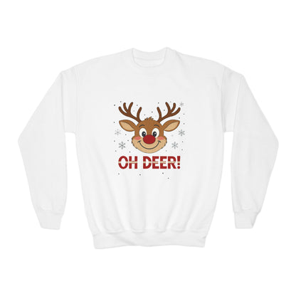 Girls Oh Deer Christmas Sweatshirt, Cute Reindeer Holiday Pullover, Youth Crewneck Sweatshirt