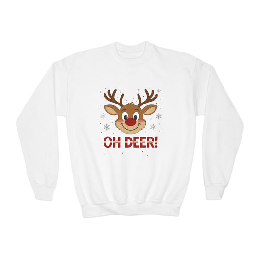Girls Oh Deer Christmas Sweatshirt, Cute Reindeer Holiday Pullover, Youth Crewneck Sweatshirt