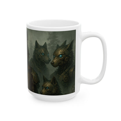 Mug (15oz),Steampunk Wolf Mug, Mechanical Cyber Wolf Coffee Cup, Industrial Fantasy Gear Art Gift, Futuristic Animal Design for Him