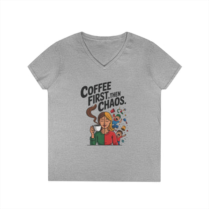 Coffee First Then Chaos V-Neck T-Shirt, Funny Mom Life Shirt, Mother's Day Gift, Mom Humor Tee, mom graphic tee, caffeine lover tee