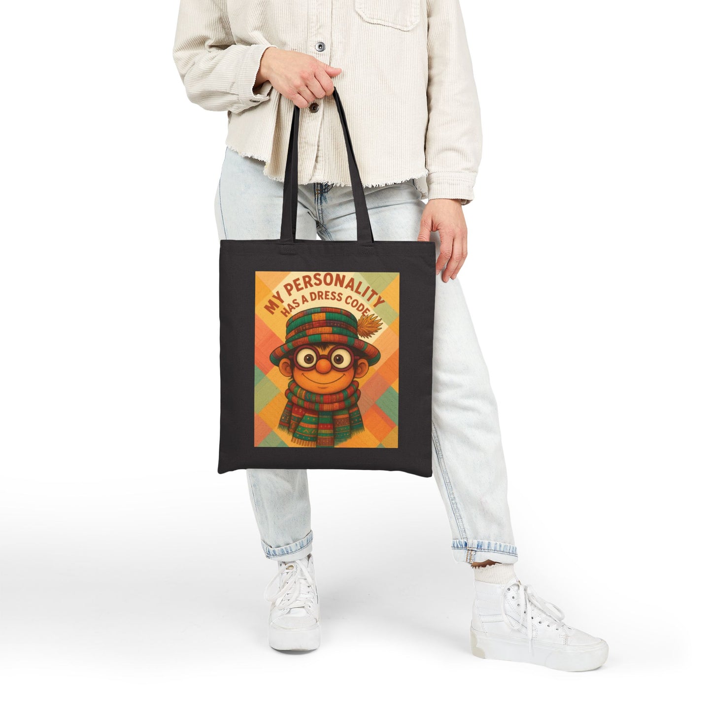 My Personality Has a Dress Code Tote Bag, Colorful Boho Character Cotton Canvas Bag, Funny Quote Gift, Quirky Fashion Illustration Shopper