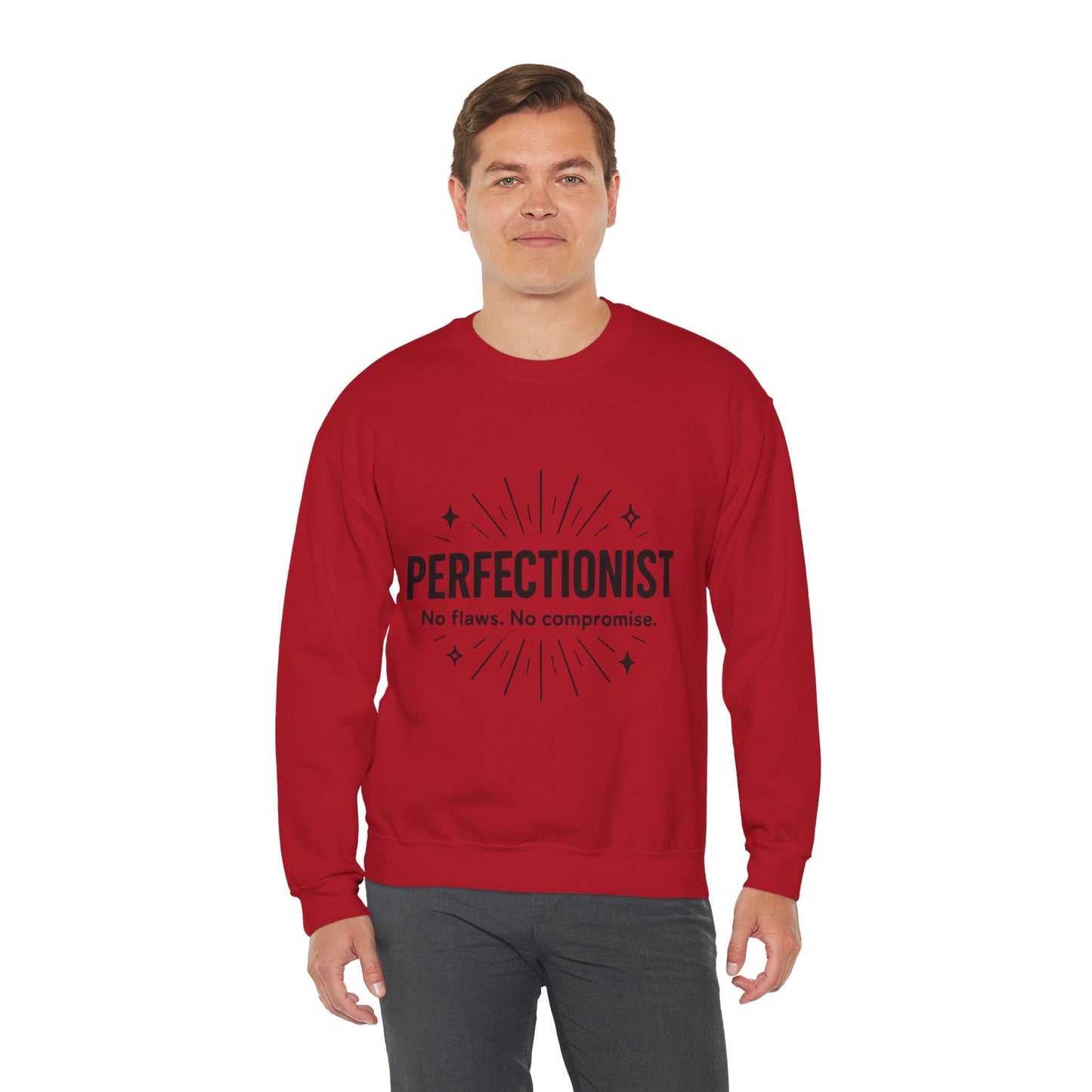 Men's Perfectionist Sweatshirt, Bold No Flaws No Compromise Design, Clean Look Funny Gift for Him, Minimal Black Graphic Pullover