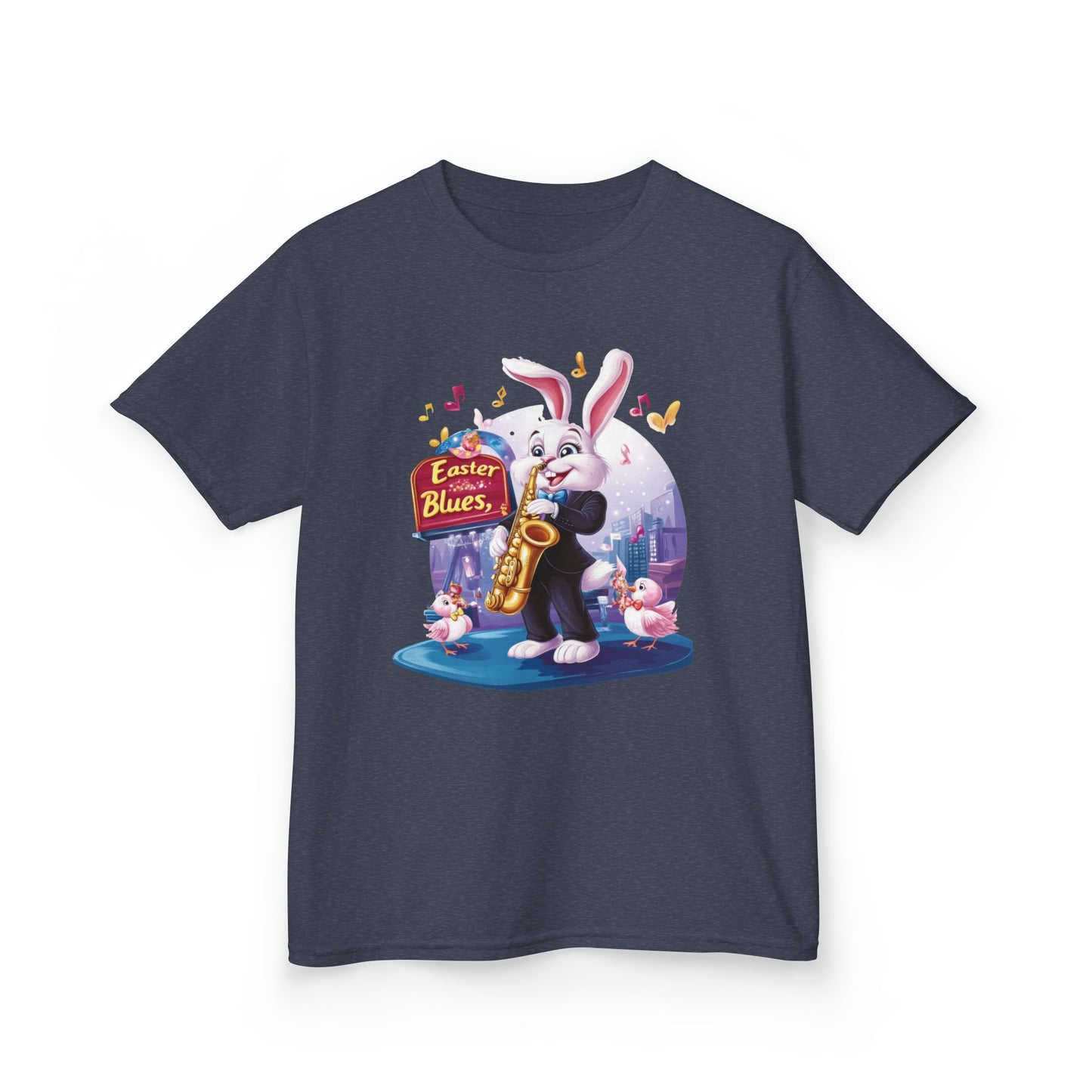 Easter Blues Bunny Kids T-Shirt - Cute Jazz Music Themed Tee for Boys and Girls, Fun Spring Gift, Bunny Playing Saxophone Design