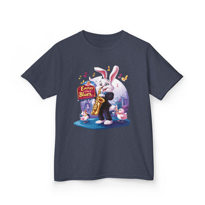 Easter Blues Bunny Kids T-Shirt - Cute Jazz Music Themed Tee for Boys and Girls, Fun Spring Gift, Bunny Playing Saxophone Design