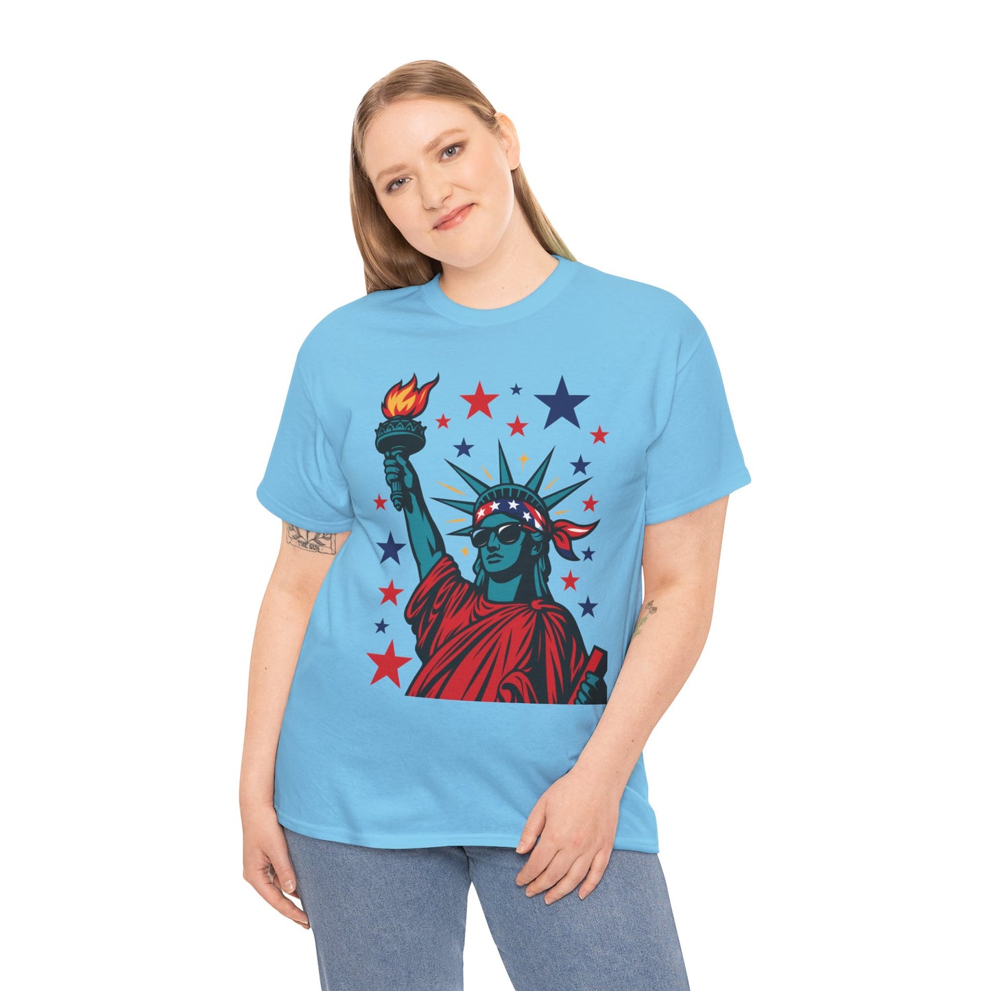 Lady Liberty Pop Art T-Shirt, Patriotic 4th of July Women’s Tee, Retro USA Bandana Statue Shirt