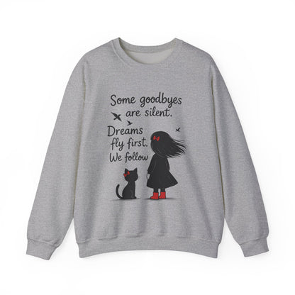 Cozy Farewell Girl & Cat Pullover, Hand Drawn Red Dress Art, Minimalist Womens Crewneck