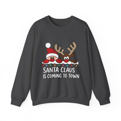 Santa Claus Is Coming to Town Women's Christmas Sweatshirt, Cute Santa - Reindeer Holiday Jumper