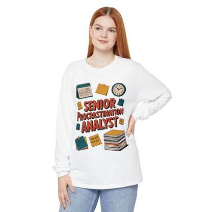 Senior Procrastination Analyst Long Sleeve Tee, Funny Work Shirt,Gift for Analysts, Office Humor, Meme Long Sleeve, Motivation Humor Apparel