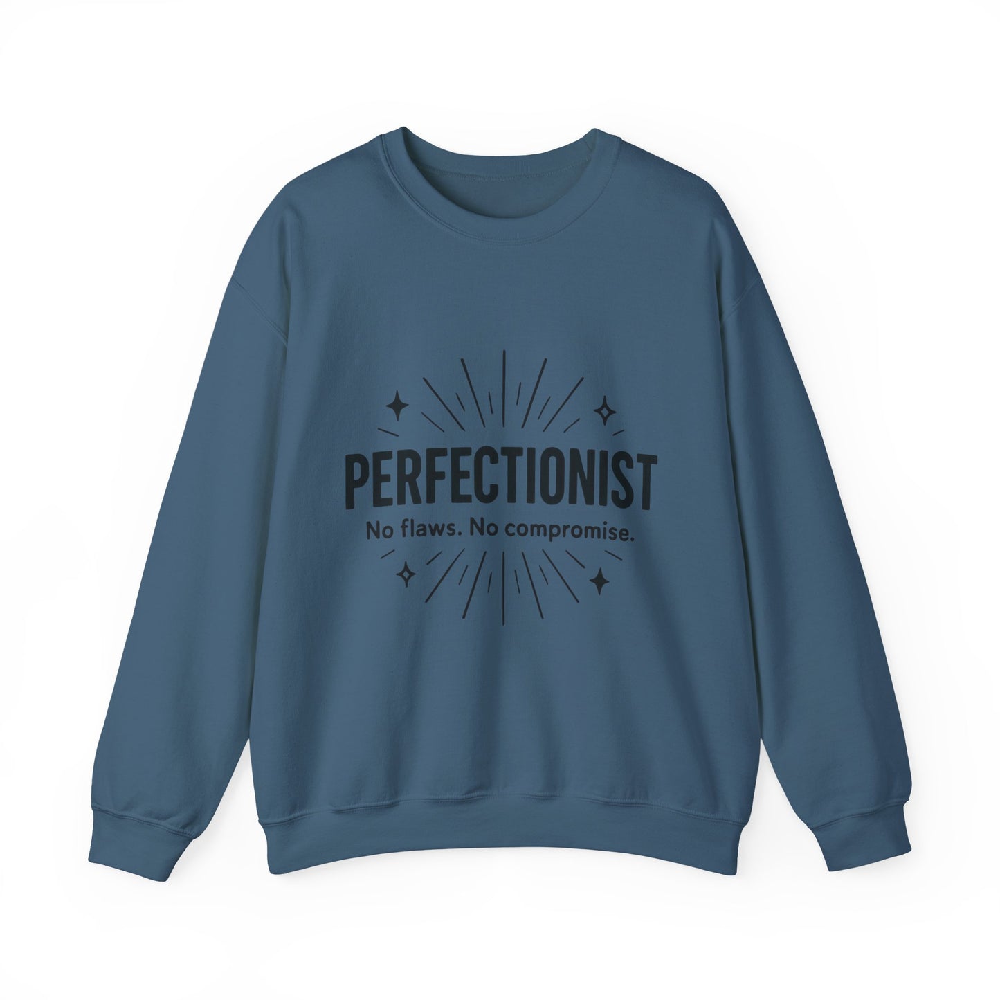 Men's Perfectionist Sweatshirt, Bold No Flaws No Compromise Design, Clean Look Funny Gift for Him, Minimal Black Graphic Pullover