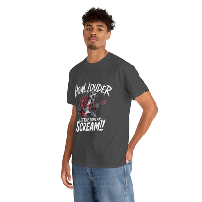 Rockin' Wolf Unisex Tee, Perfect for Music Lovers, Music Lover Graphic T-Shirt, Cool Guitarist Wolf Design, Rock Wolf Electric Guitar Tee