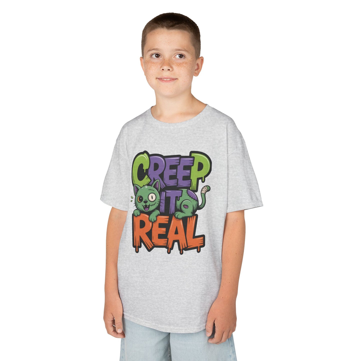 Creep It Real Kids Halloween Shirt, Cute Zombie Cat Graffiti Style T-Shirt for Boys & Girls