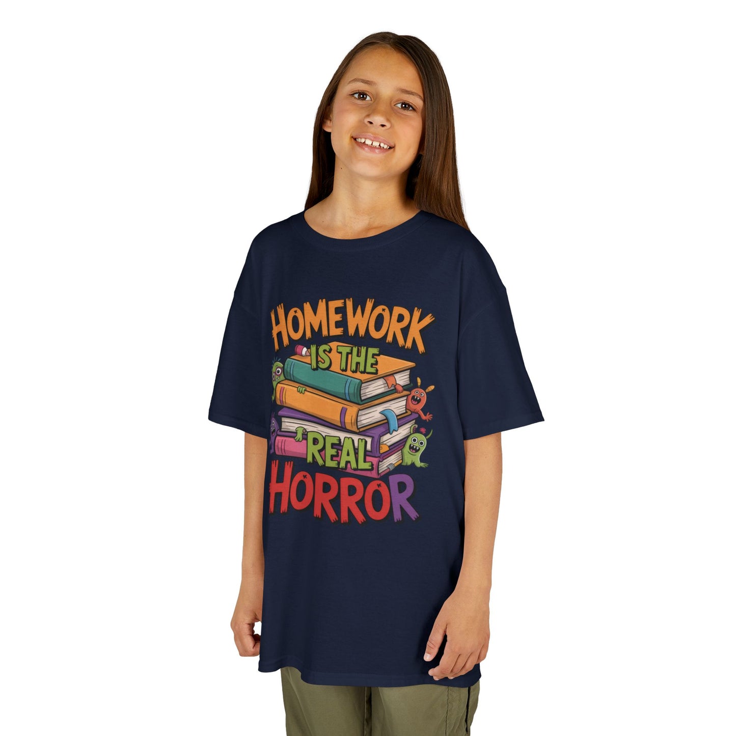 Kids Funny Homework Tee, Cute Monster School Shirt, Homework Is the Real Horror, Back to School Gift for Boys & Girls, Kids Halloween Tee