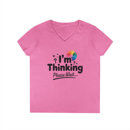 Funny - Im Thinking Please Wait - V-Neck T-Shirt for Women, Cute Geeky Gift for Introverts, Programmers, Designers, Fun Humor Shirt
