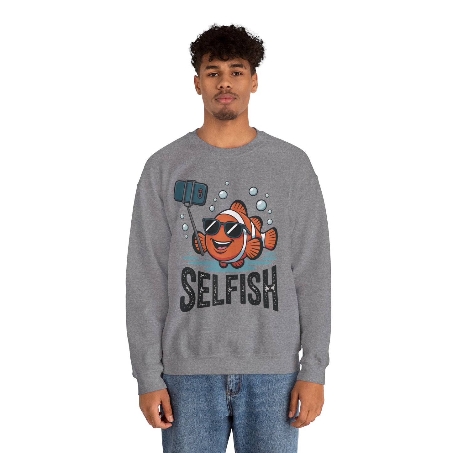 Unisex Heavy Blend™ Crewneck Sweatshirt, Mens Selfish Funny Fish Sweatshirt, Cute Selfie Pullover, Ocean Humor Top