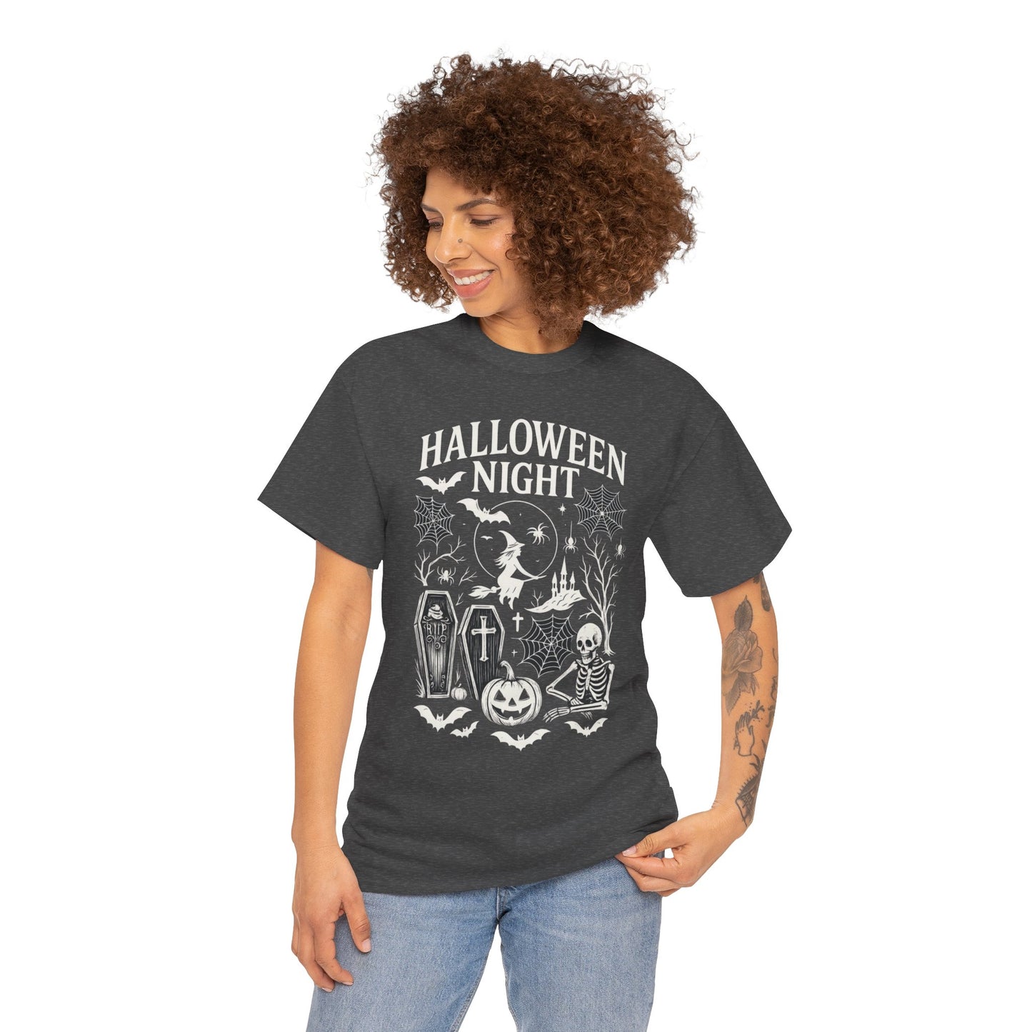 Halloween Night Women's T-Shirt, Gothic Witch Skeleton Pumpkin Tee, Spooky Scary Shirt for Halloween Party