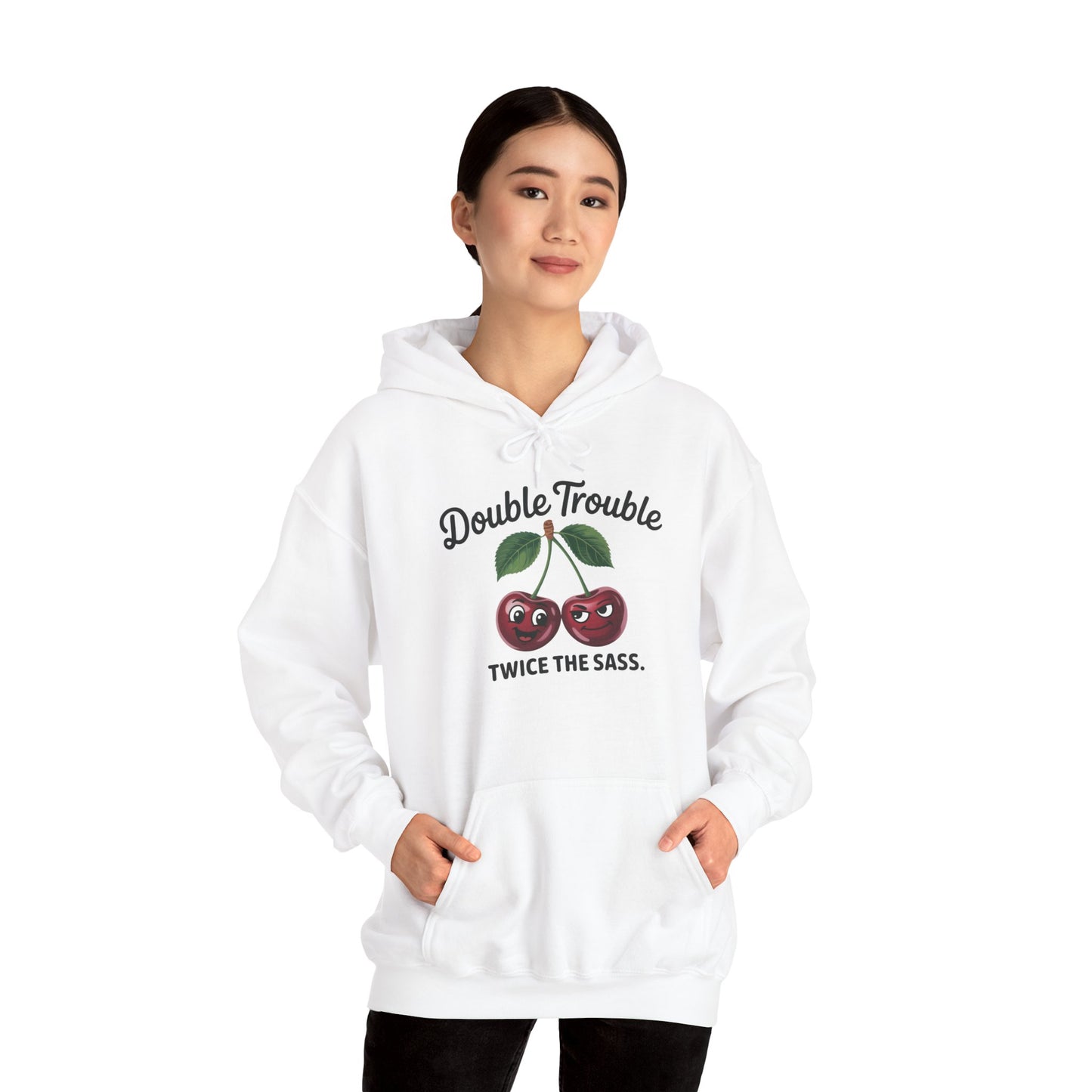 Double Trouble Cherry Hoodie, Cute Funny Womens Hooded Sweatshirt, Twice The Sass Fruit Graphic Pullover, Sassy Cherry Hooded Top