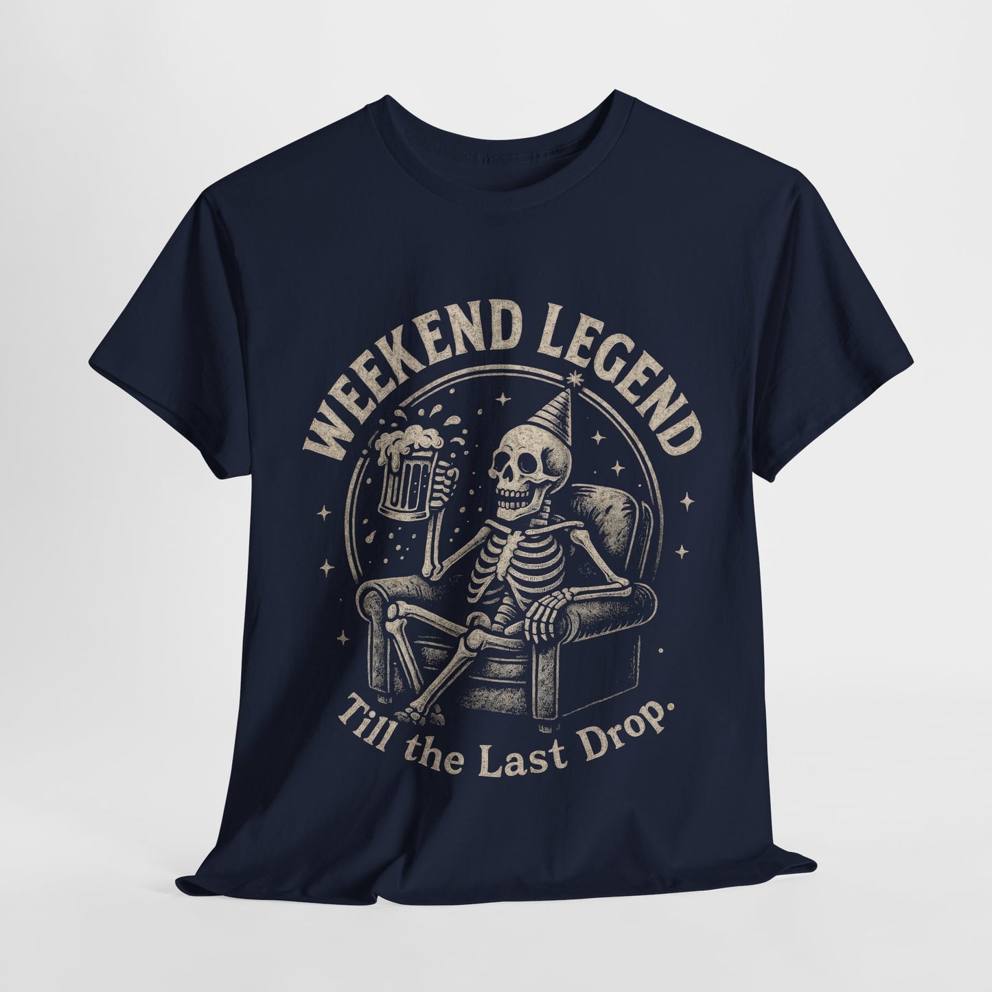 Weekend Legend Mens T-Shirt, Funny Skeleton Beer Tee, Till the Last Drop Party Shirt, Vintage Style Graphic Tee for Him, Halloween Apparel