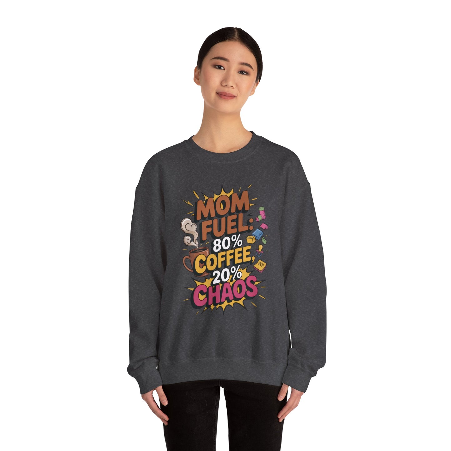 Funny Mom Fuel Sweatshirt, Perfect Gift for Moms, Chaos & Caffeine, Mother's Day Apparel, Funny Tired Mom Life Sweatshirt, Coffee Loving Mom