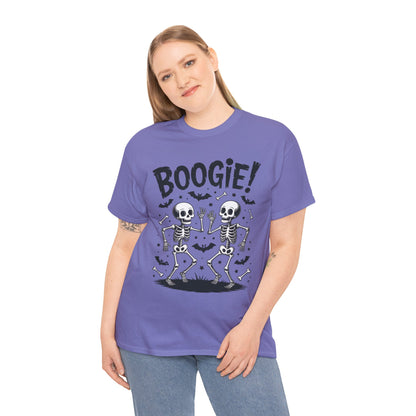 Halloween Dancing Skeletons Women's T-Shirt, BOOGIE! Funny Spooky Graphic Tee for Women, Women's Heavy Cotton Tee