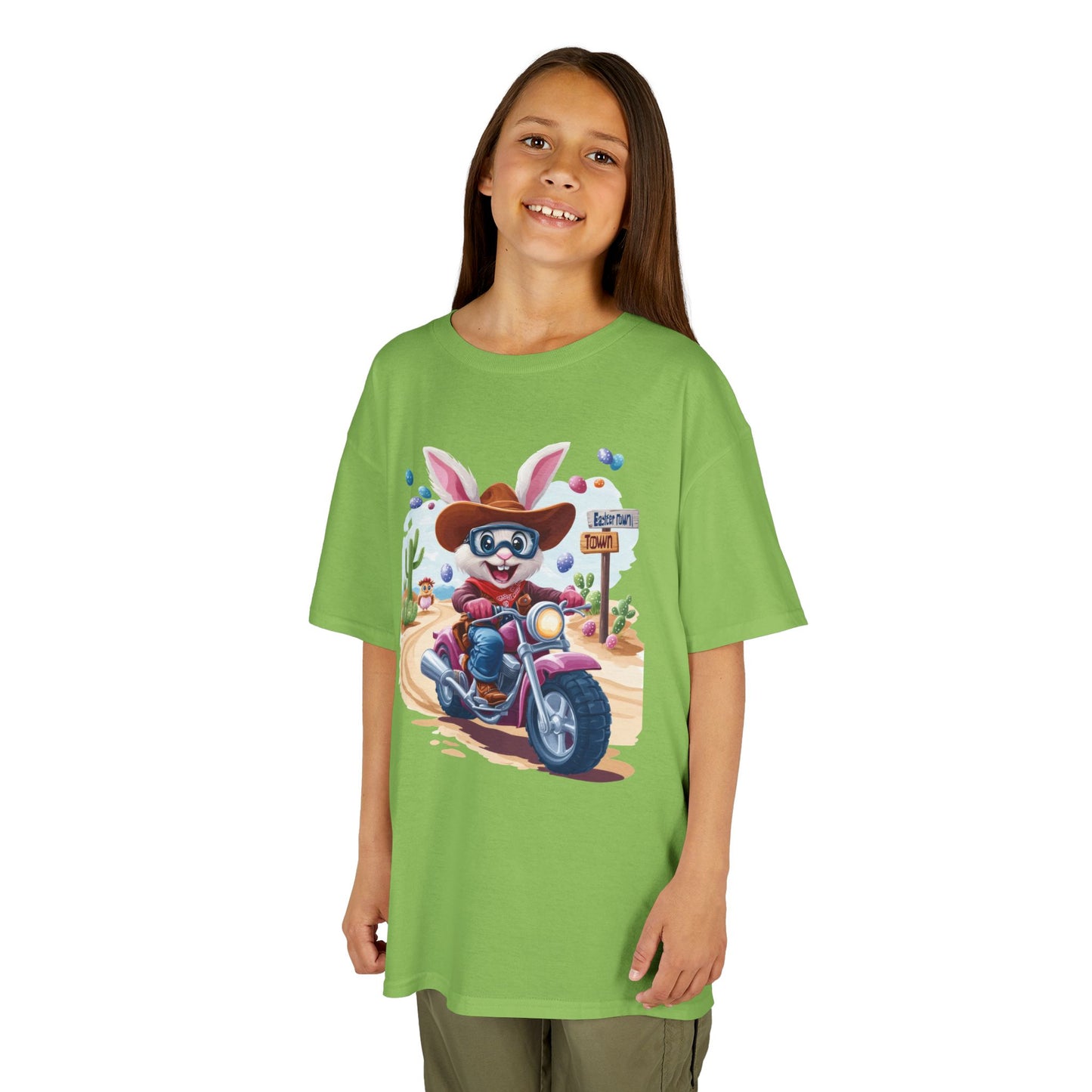 Biker Bunny Kids Tee - Fun Easter Shirt for Boys & Girls, Cute Spring Outfit with Motorcycle Rabbit Heavy Cotton Toddler T-Shirt Bunny Rider